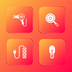 Set Hair dryer, Frying pan, Electric extension and Light bulb icon. Vector