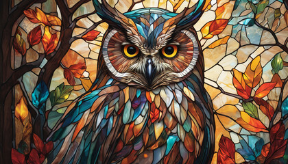 Owl on a stained glass window, generative AI

