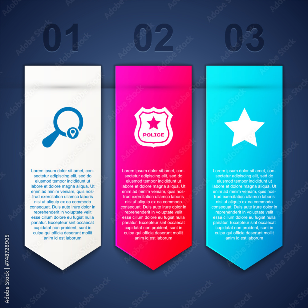 Poster Set Search location, Police badge and Star. Business infographic template. Vector