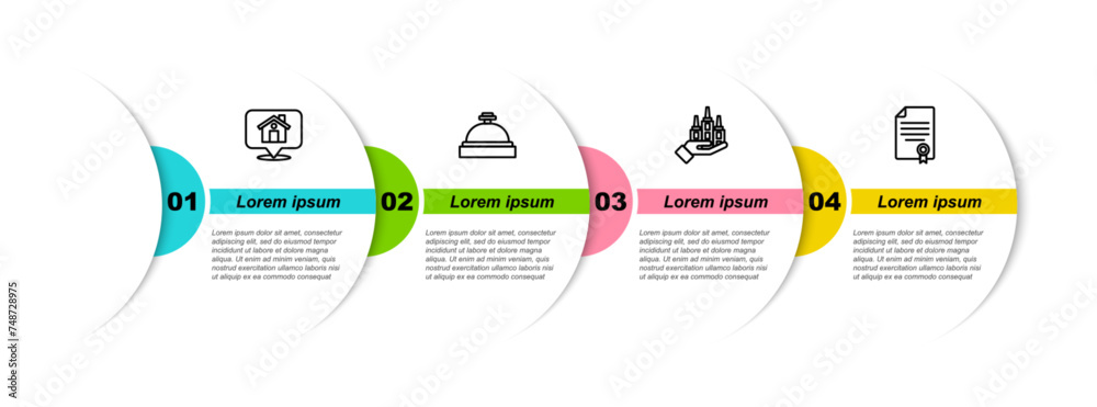 Poster Set line Location with house, Hotel service bell, Skyscraper and House contract. Business infographic template. Vector