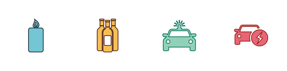 Set Burning candle, Bottles of wine, Police car flasher and Electric icon. Vector