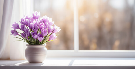 Purple crocuses in a pot on a white windowsill. Floral and spring concept. Banner with copy space.