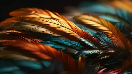 Video animation of close-up view of vibrant, multicolored feathers, displaying a rich palette of colors including orange, blue, and green. The feathers are illuminated.