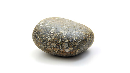 A smooth, oval-shaped stone with a rough texture and a variety of colors, including brown, gray, and white. It is sitting on a white surface.