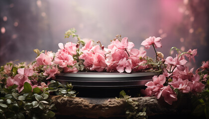 podium for product demonstration with flowers. 