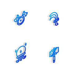 Set Isometric line Sword for game, Medieval shield with axe, Magic ball and icon. Vector