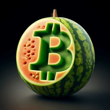 A watermelon is skillfully carved with the Bitcoin symbol, blending nature with digital themes. The fruit artfully represents cryptocurrency in the physical world.