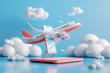 E-commerce concept, flight ticket purchasing service, buying tickets via smartphone application, fast, cheap, convenience, 3D rendering  - obrazy, fototapety, plakaty