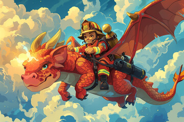 Firefighter Riding a Dragon in the Sky at Sunset