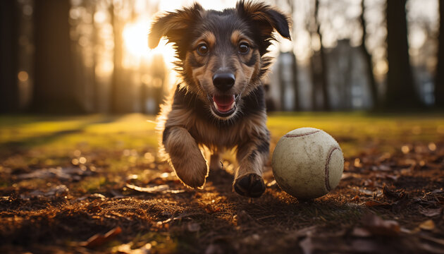 portrait of a beautiful dog holding a ball in its mouth against the background of a park. 