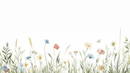 
vintage hand-drawn watercolor illustration of Horizontal Banner With wildflowers , in the style of soft, dreamy landscapes, elaborate borders, prairiecore,  serene , ai generated - obrazy, fototapety, plakaty
