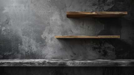 Rectangular pine shelves, matte black decor, soft gray background. - Powered by Adobe