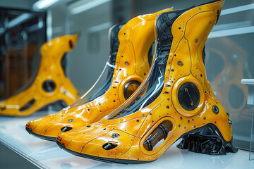 Modern futuristic design of avant-garde shoes as a concept idea for making a fashion collection.
