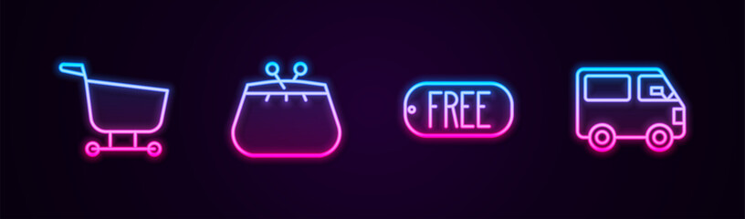 Set line Shopping cart, Wallet, Price tag with text Free and Delivery cargo truck vehicle. Glowing neon icon. Vector