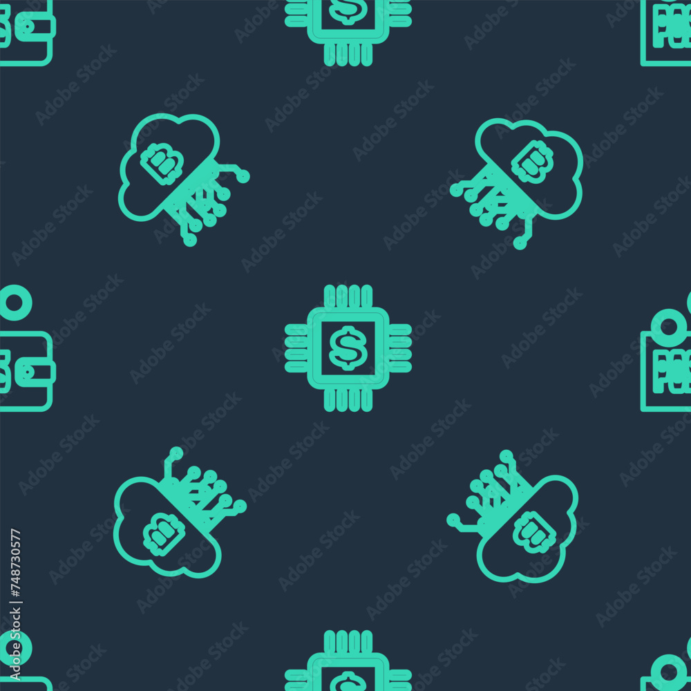 Poster set line processor chip with dollar, cryptocurrency cloud mining and proof of stake on seamless patt