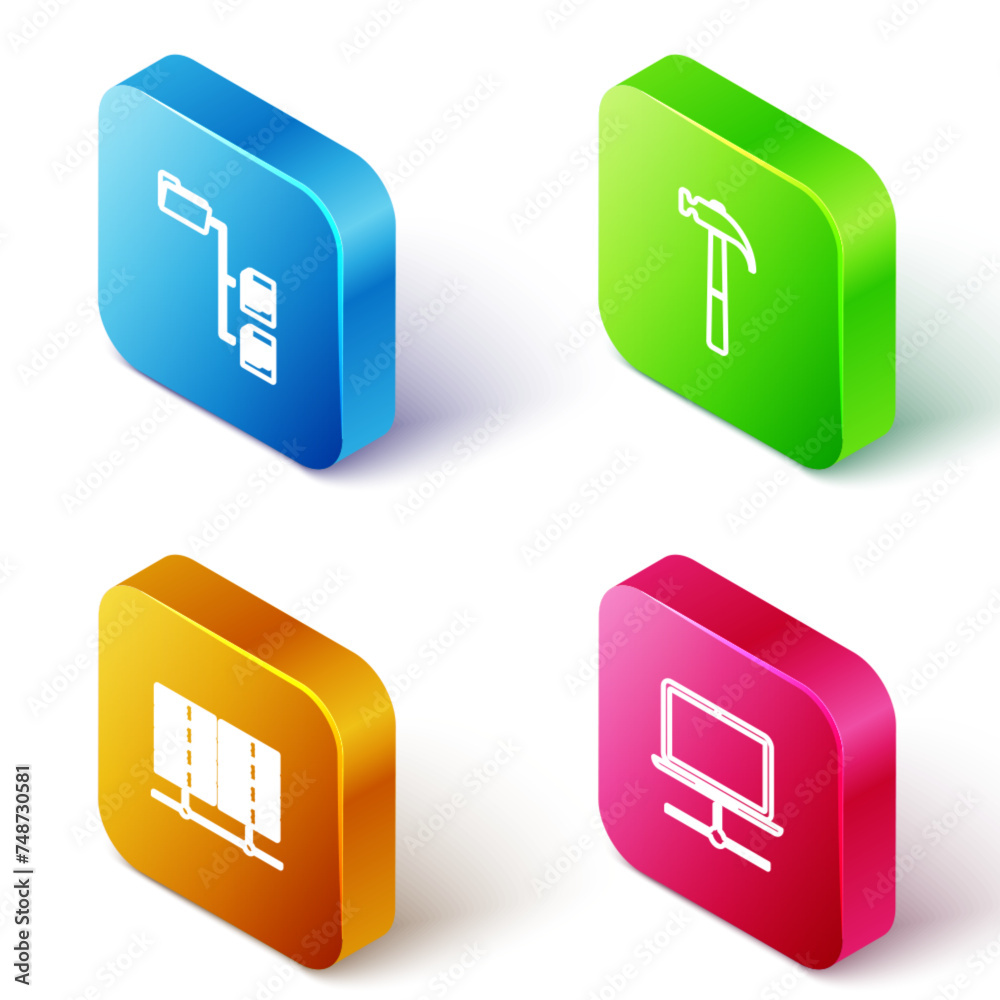 Poster set isometric line folder tree, hammer, server, data, web hosting and computer network icon. vector