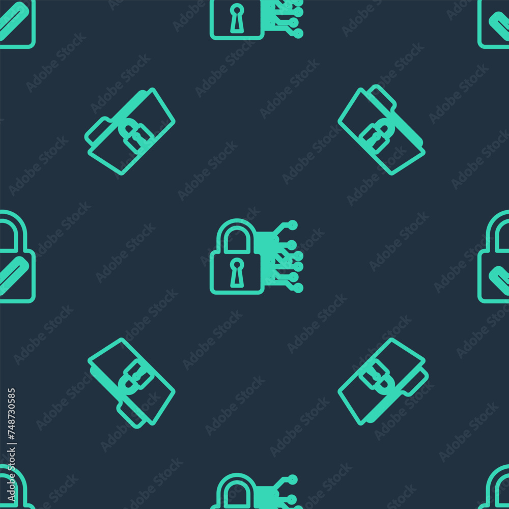 Poster set line cyber security, folder and lock and lock check mark on seamless pattern. vector
