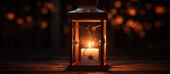 A warm flame flickers inside a wooden lantern box, casting a soft glow on the table. The white candle burns steadily, illuminating the immediate surroundings. - obrazy, fototapety, plakaty
