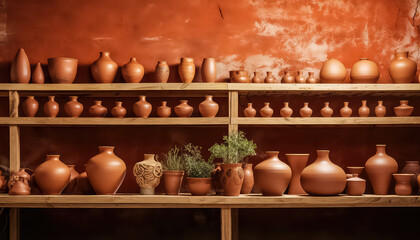 Fototapeta na wymiar Clay vases and pots in a pottery workshop in Morocco