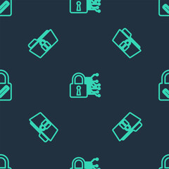 Set line Cyber security, Folder and lock and Lock check mark on seamless pattern. Vector