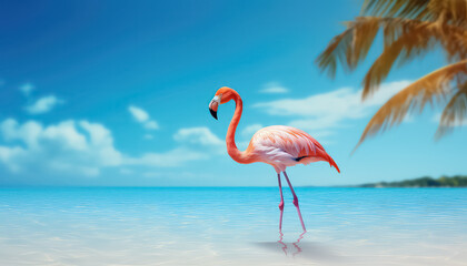 Pink flamingo standing in the water in a tropical country