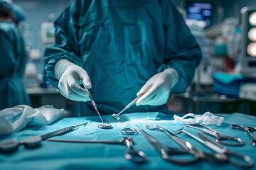 the surgeon will perform surgery on the patient, complete with surgical tools on the operating table