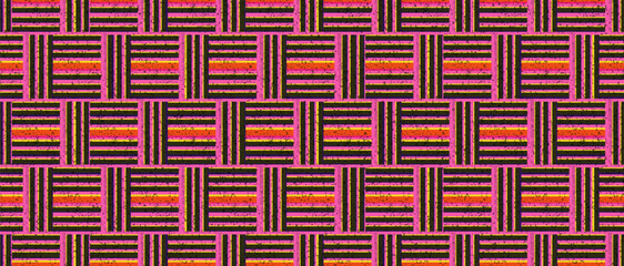 Risograph seamless background. Vector geometric ornament in retro style. Black, yellow, red and pink horizontal and vertical lines are arranged in a grid. Tiles with dashes of different colors