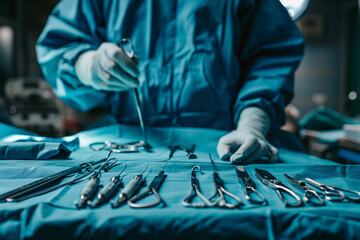 the surgeon will perform surgery on the patient, complete with surgical tools on the operating table