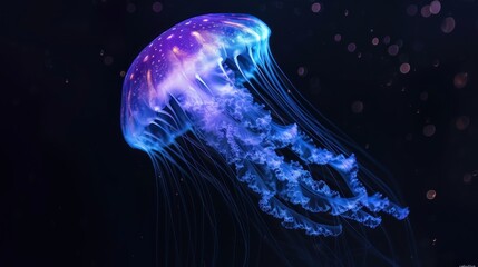 a close up of a jellyfish in the water with a blue and purple jellyfish in it's mouth.