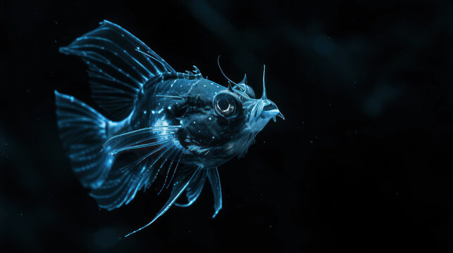 a close up of a fish on a black background with a blurry image of a fish in the background.