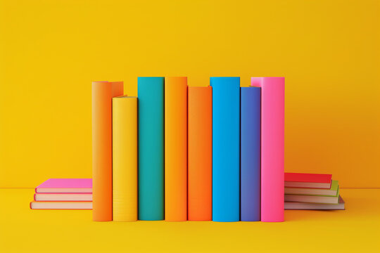 a collection of colourful books on a yellow background 3D render