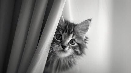 a black and white photo of a small kitten peeking out from behind a curtain with it's eyes wide open.