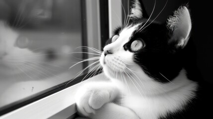 a black and white cat looking out a window with its paw on the edge of the window and paw on the side of the window.