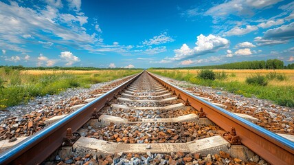 Railway tracks leading into the horizon under a vast sky