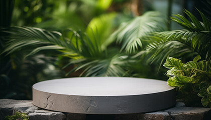 round gray stone podium for advertising cosmetic product with tropical leaves background. 