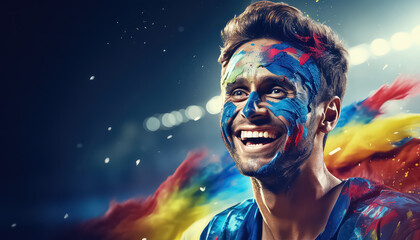 A fan with paint on his face supports his favorite team at a match - obrazy, fototapety, plakaty