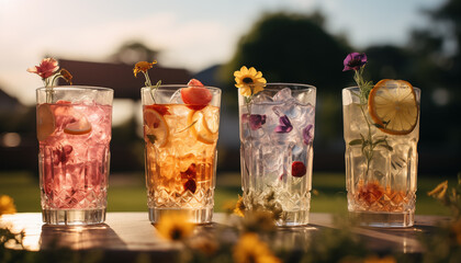 summer floral cocktails on the grass. - obrazy, fototapety, plakaty