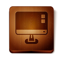 Brown Computer monitor screen icon isolated on white background. Electronic device. Front view. Wooden square button. Vector