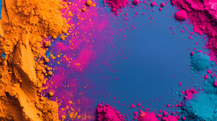 Vibrant colorful piles of orange and pink pigment powders frame on blue background with copy space for text at the center of image. - obrazy, fototapety, plakaty