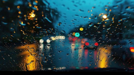 Drizzle on the windshield in the evening.