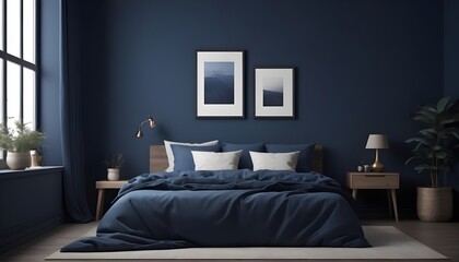 Frame mockup in cozy dark blue bedroom interior, 3d render 