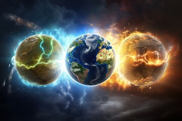 Obraz premium Earth planet sunny cloudy rainy and lightning bolts weather forecast, climate change. Generative Ai.