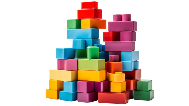Stacked Plastic Building Blocks Collection on white background