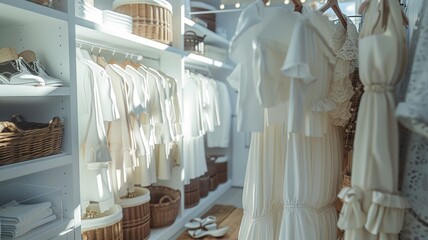 Fototapeta na wymiar Well-organized closet space with rows of neatly arranged clothing