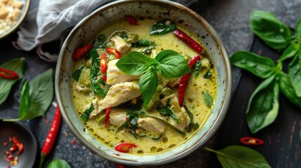 Green thai curry with poultry, chilli, lemongrass and thai basil