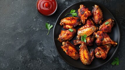 Grilled spicy chicken wings with ketchup on a black plate on a dark slate, stone or concrete background. Top view with copy space. - obrazy, fototapety, plakaty