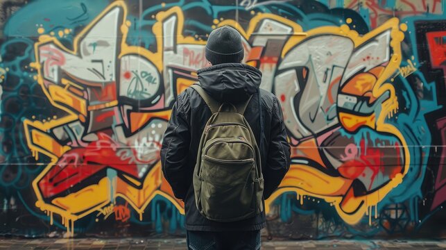 Graffiti artist standing near the wall