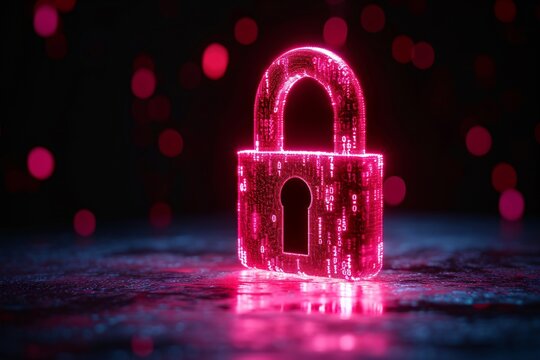 Cybersecurity Concept: 3D Rendered Pink Digital Padlock with Glowing Red Encryption Data Particles on Dark Background - Ideal for Technology and Security Themes