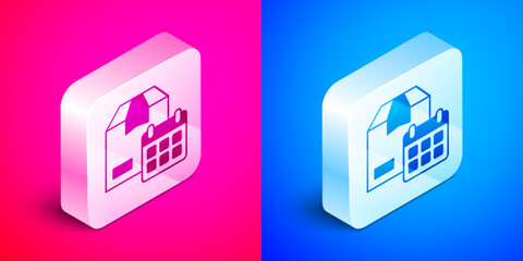 Isometric Carton cardboard box and fast time delivery icon isolated on pink and blue background. Box, package, parcel sign. Delivery and packaging. Silver square button. Vector