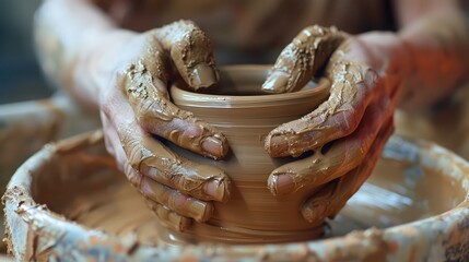Hands of young potter, was produced on range of pot.
